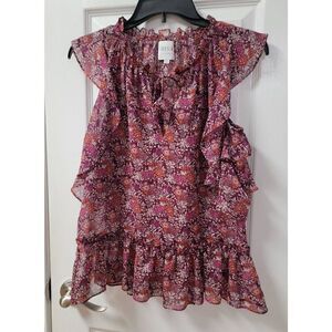 MISA LA Floral Print Cold Shoulder Ruffle Top S